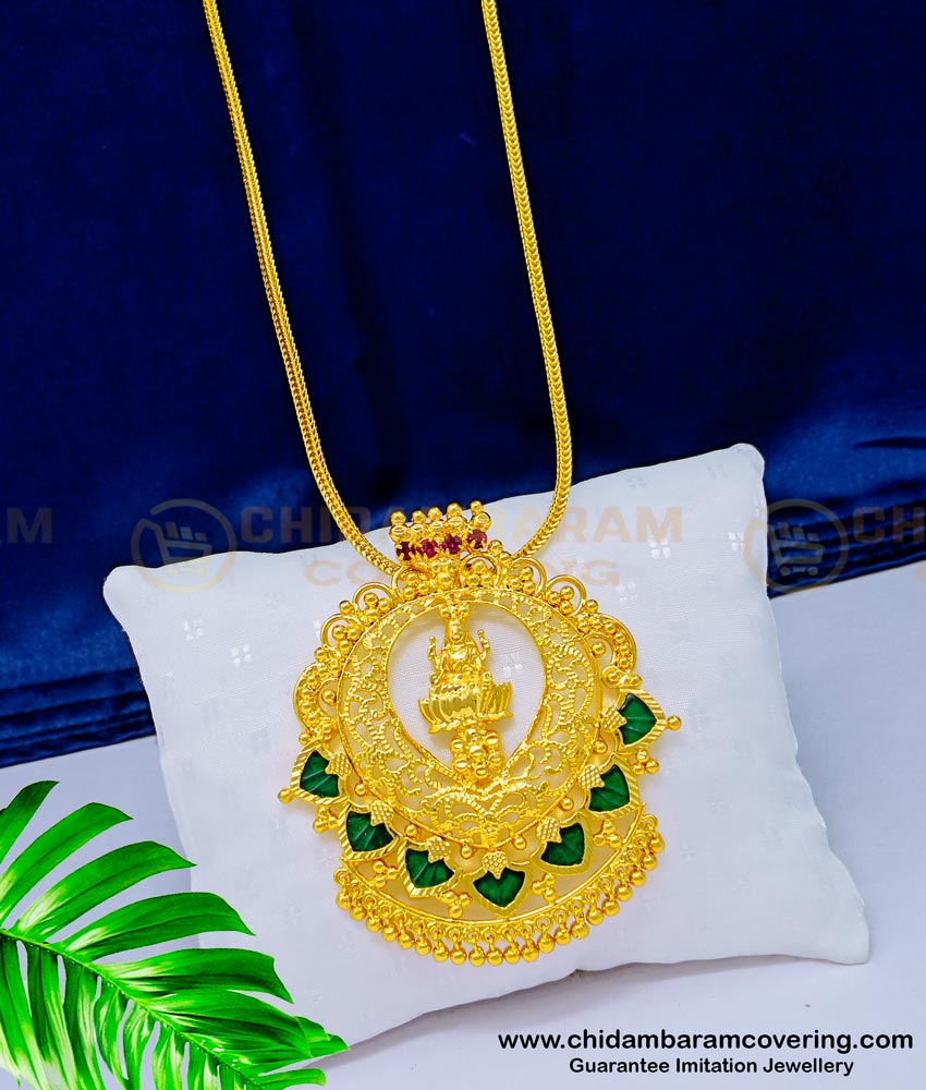 DCHN177 - Trendy Gold Covering Lakshmi Design Green Palakka Big Dollar with Long Chain