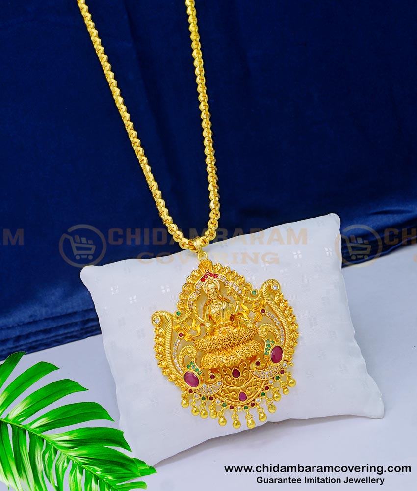 DCHN180 - New Arrival Pure Gold Plated Ad Stone Lakshmi Big Dollar With 24 Inches Chain Online