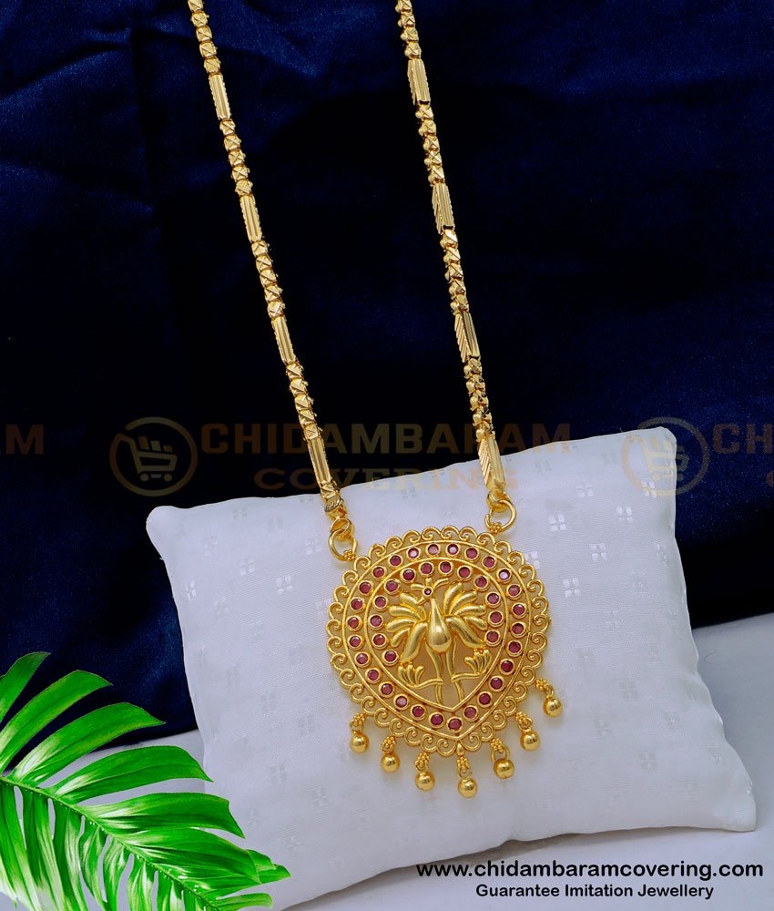 DCHN184 - One Gram Gold Peacock Model Ruby Pendant with Chain Design for Female 
