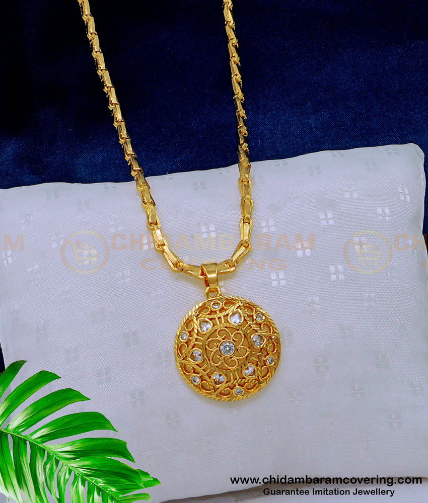 DCHN186 - American Diamond White Stone Small Pendant with Gold Chain Design for Female