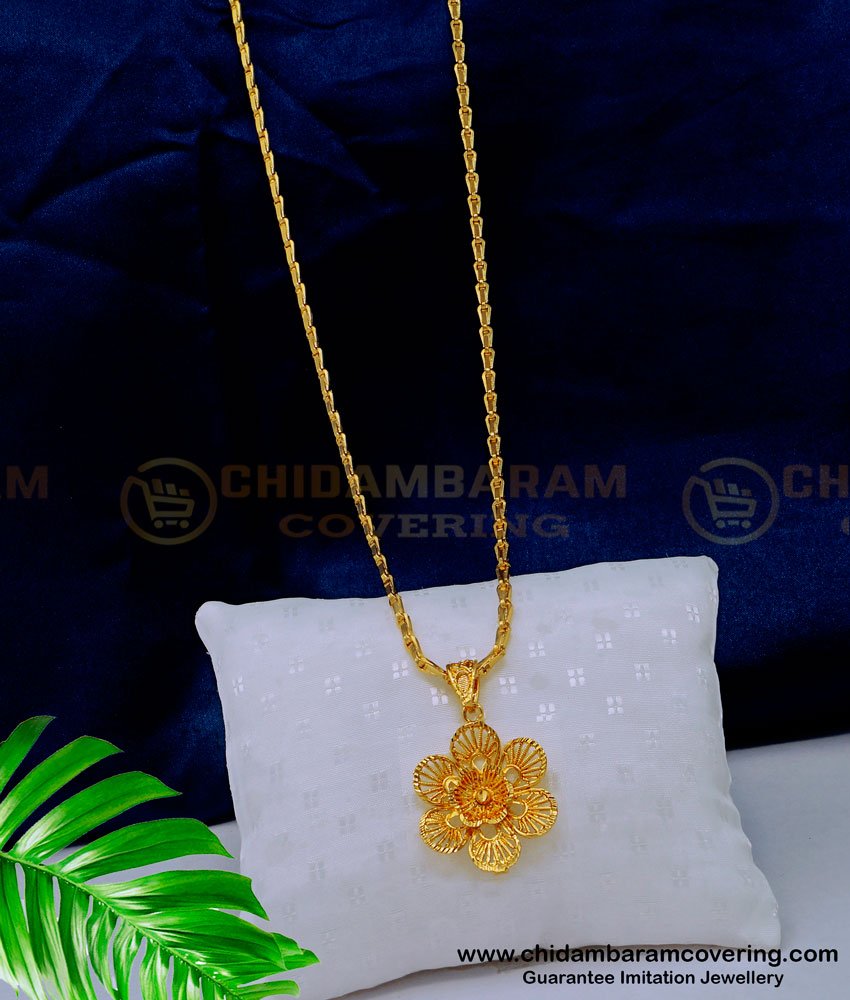 DCHN190 - Elegant Flower Pendant Gold Design with Long Chain Buy Online 