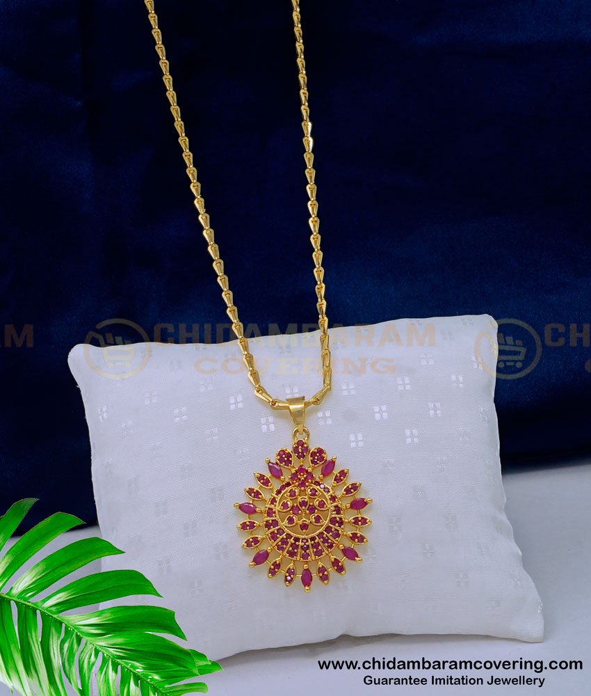 DCHN194 - Elegant Full American Diamond Ruby Pendant with Long Chain for Ladies
