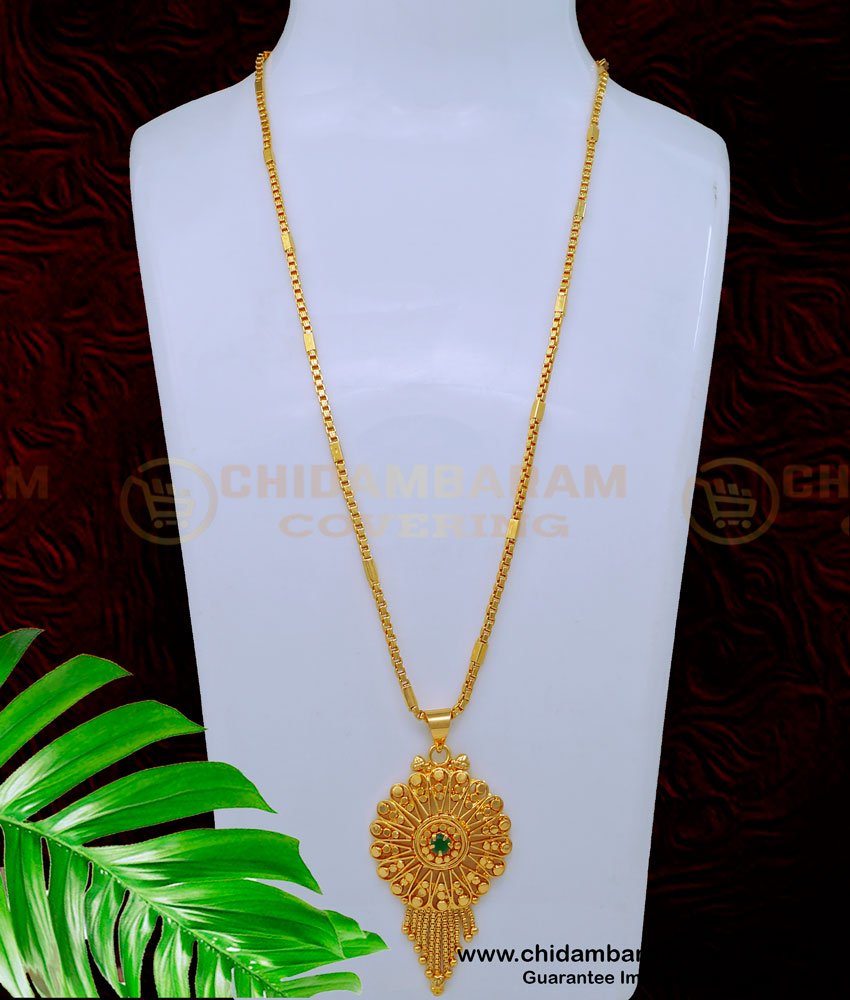 DCHN197 - Elegant Emerald Stone Gold Plated Pendant Chain Designs for Ladies 