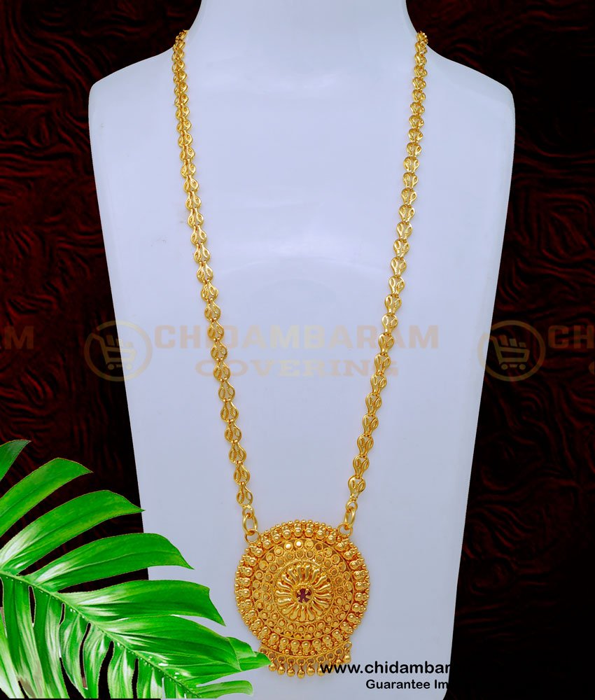 DCHN202 - Traditional Design Ruby Stone Round Pendant with Long Chain 