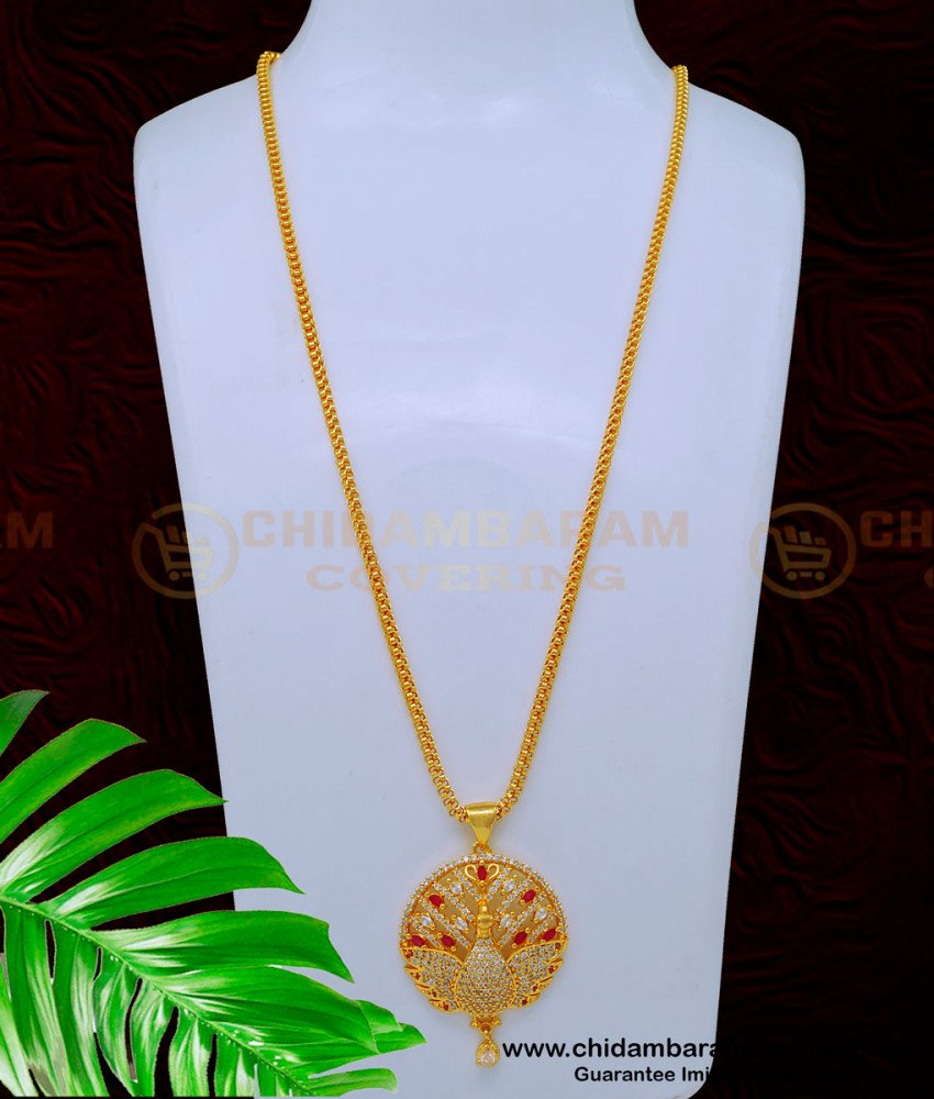 DCHN208 - American Diamond Stone Peacock Gold Pendant with Long Chain 