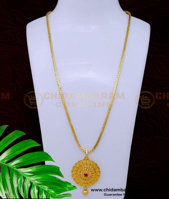 DCHN221 - Latest Ruby Stone Pendant with Gold Plated Long Chain for Ladies