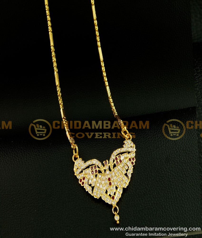 DLR064 - 30 Inches Long Chain Impon White Stone Ruby Stone Gold Plated Dollar Chain Collections
