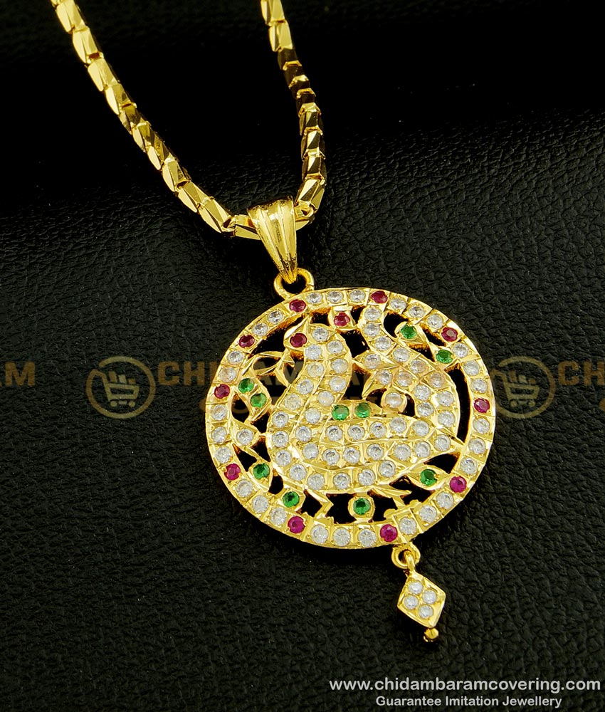 DLR081 - One Gram Gold Impon Multi Stone Peacock Design Pendant with Chain Geti Metal Jewellery