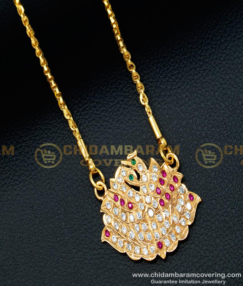 DLR089 - Traditional Impon Gold Design Stone Swan Dollar With 24 Inches Chain Gold Plated Jewellery