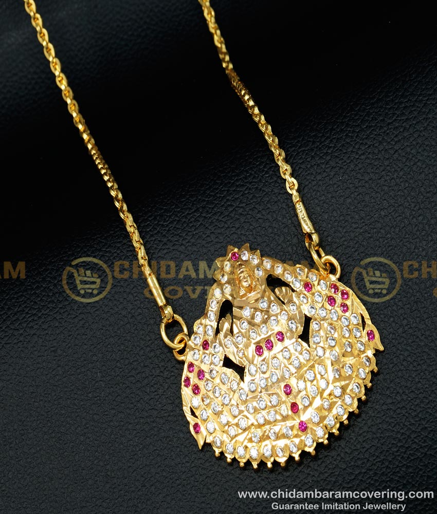 DLR091 - Thick Metal Gold Colour Ad Stone Ruby and White Stone Gajalakshmi Pendant With Chain Design Online