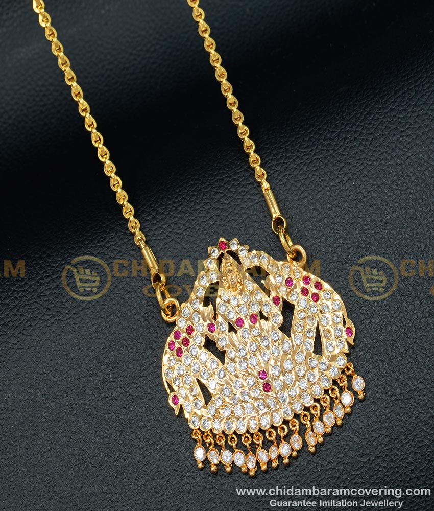 DLR092 - South Indian Dollar Chain Impon White and Ruby Stone Gajalakshmi Dollar With Chain for Women