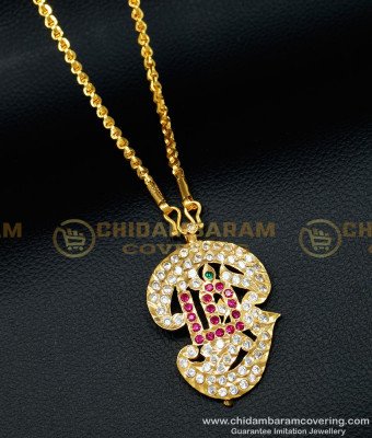 DLR094 - Impon Tamil OM White And Ruby Stone Dollar Design with Chain Buy Online