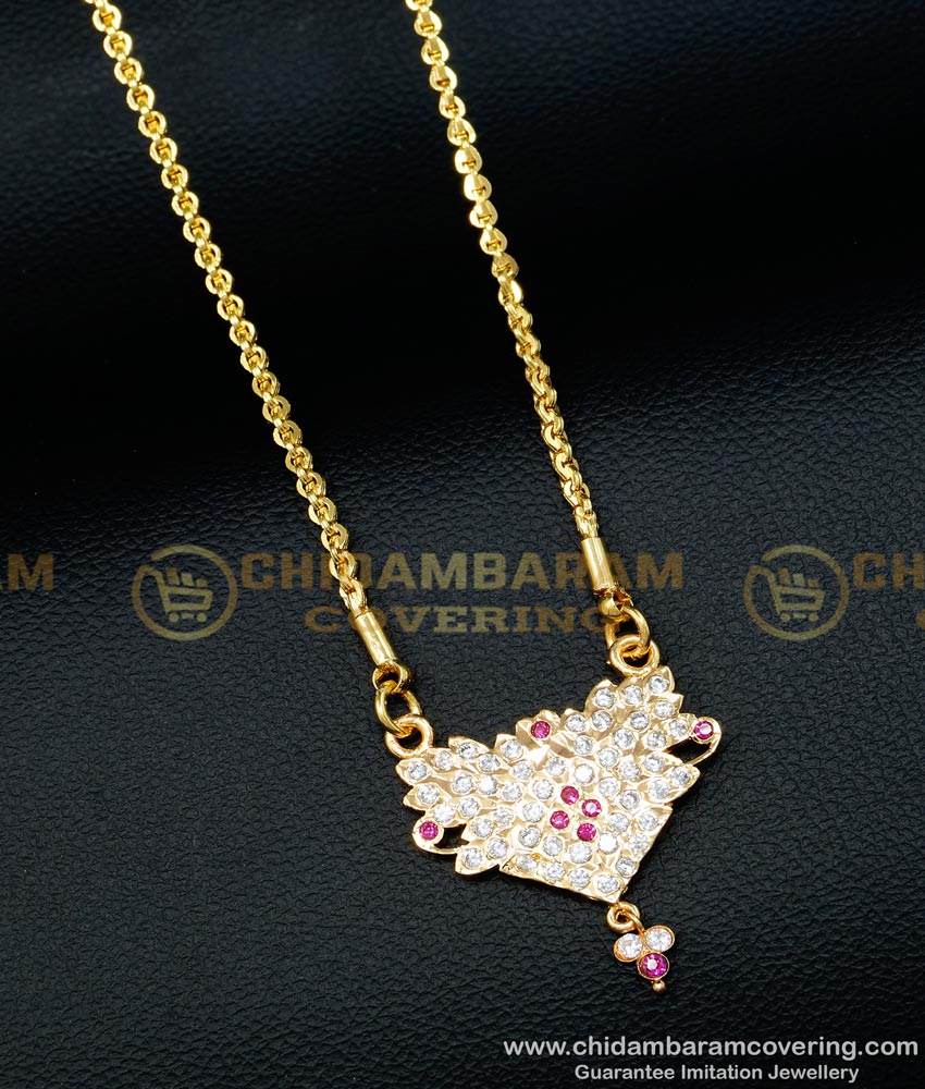 DLR099 - Trendy One Gram Gold Impon White and Pink Stone Medium Size Dollar with Chain for Ladies 