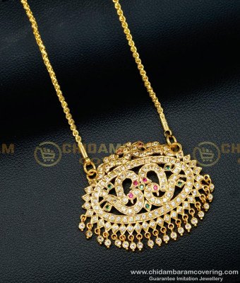 DLR104 - Latest Impon Multi Stone Peacock Design Big Pendant with Chain Gold Plated Jewelry Online