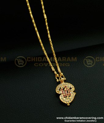 DLR105 - 18 Inch Short Chain Impon Tamil OM White and Ruby Stone Dollar Design Online