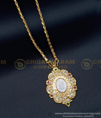 DLR106 - Impon Big White Stone Heavy Dollar with Chain One Gram Gold Impon Jewellery