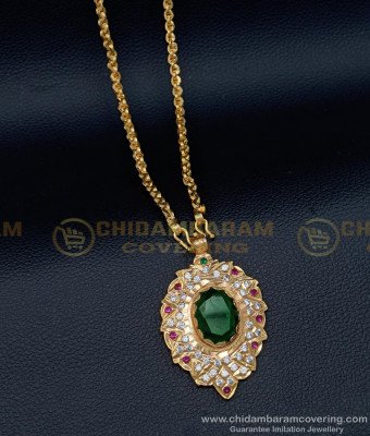 DLR107 - Impon Green Stone Big Dollar with Chain One Gram Gold Five Metal Jewellery