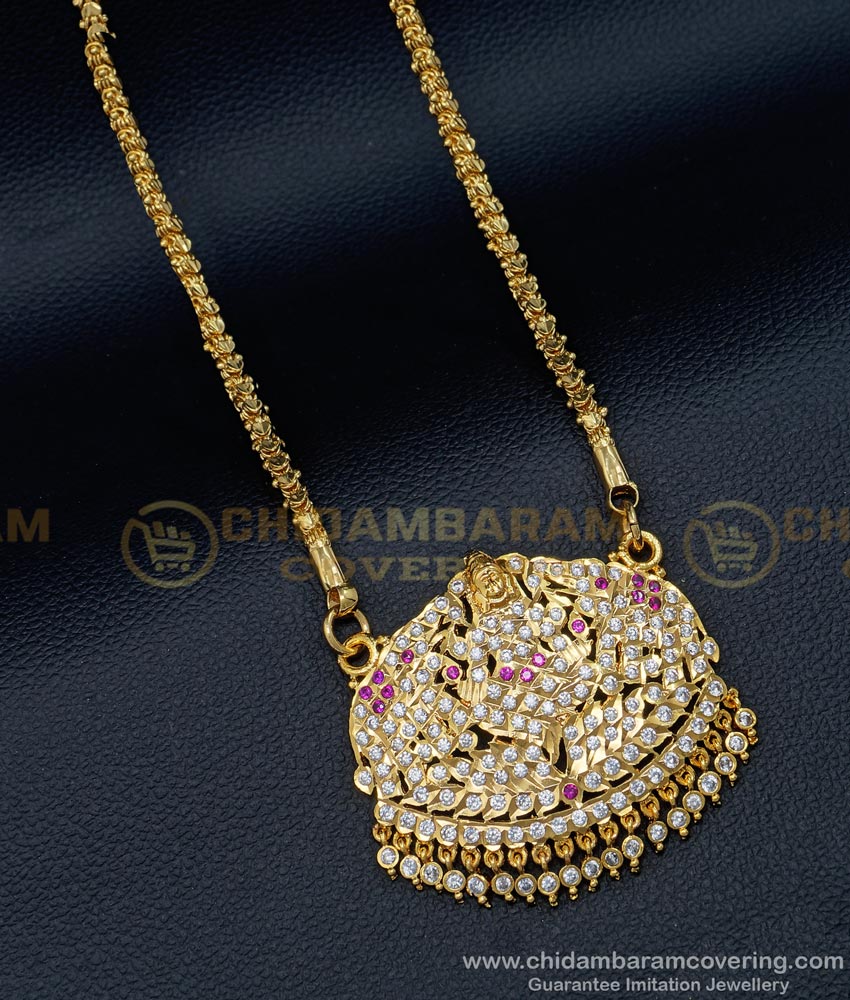 DLR110 - Five Metal Gold Color Impon Gajalakshmi Big Dollar with Chain Design Online
