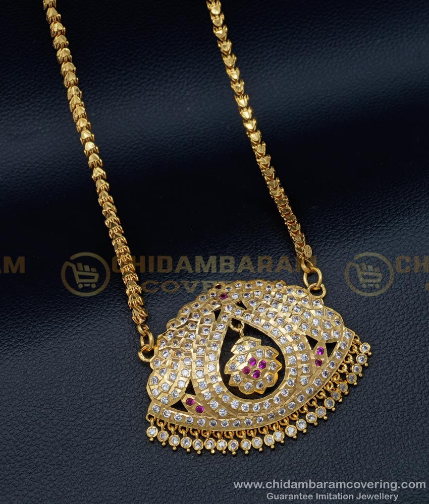 DLR112 - New Model Impon White and Ruby Stone Big Dollar with Heart Chain Gold Plated Jewelry Online
