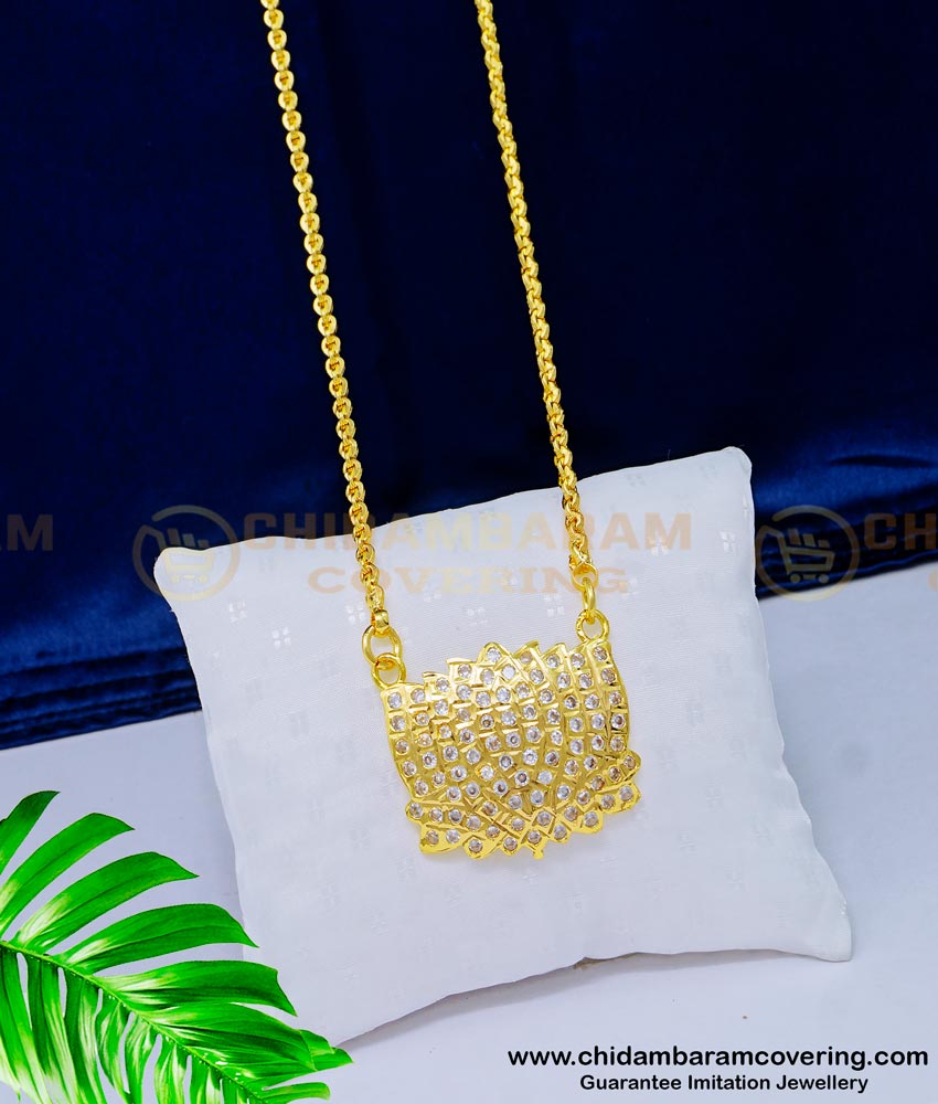 DLR116 - South Indian Jewellery Gold Plated Impon White Stone Lotus Design Pendant with Chain 