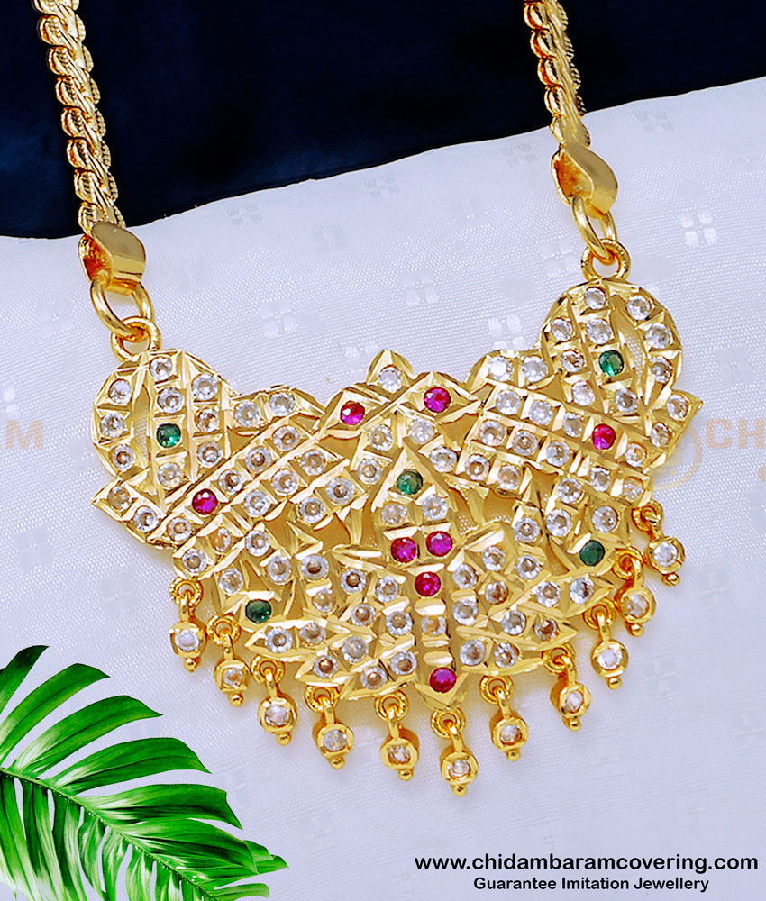 DLR119 - Traditional Impon Multi Stone Pendant With 24 Inches Chain Impon Jewellery Online