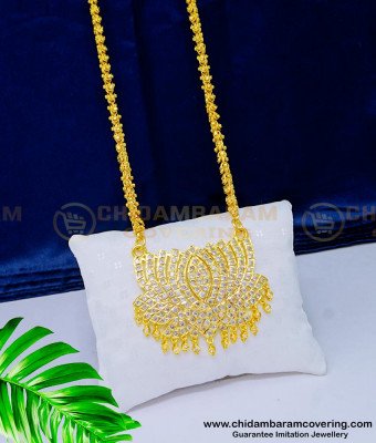 DLR127 - Sparkling White Stone Impon Louts Design Gold Pendant Pattern with Chain South Indian Jewellery