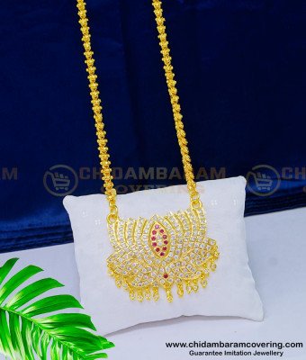 DLR128 - Traditional Big Gold Pendant Design Impon Louts Flower White and Ruby Stone Dollar Chain Online 