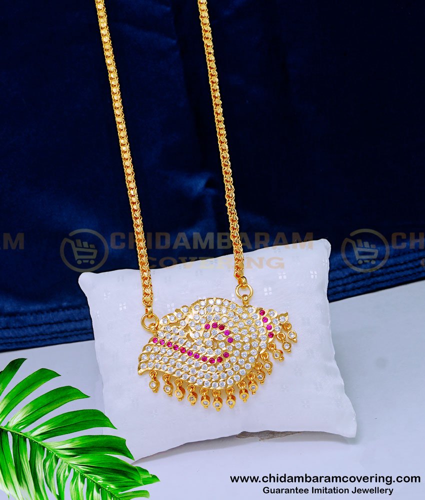 DLR129 - Traditional Sangu Design Impon Stone Pendant with Chain One Gram Gold Jewellery