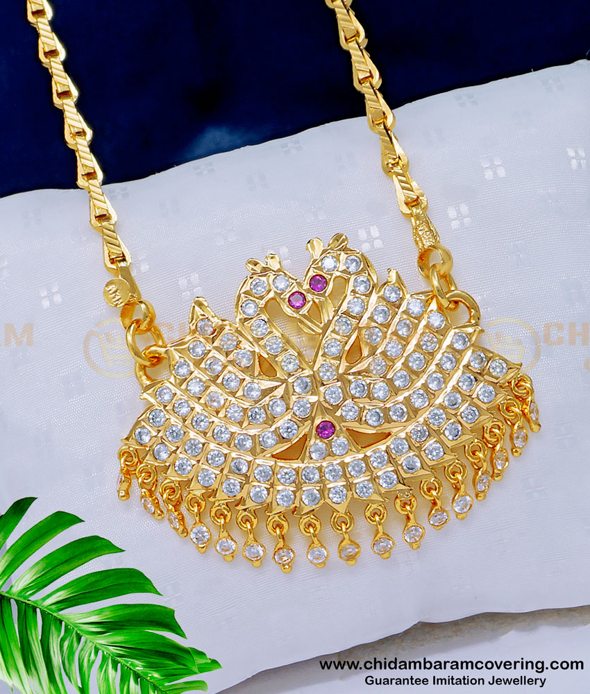 DLR138 - Traditional Impon Gold Swan Design Stone Dollar With 24 Inches Long Chain Gold Plated Jewellery