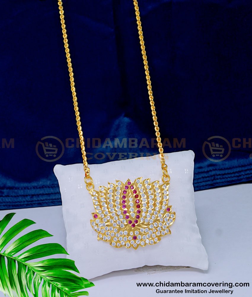DLR142 - Impon Panchaloha White and Pink Stone Thamarai Poo Dollar Chain for Wedding
