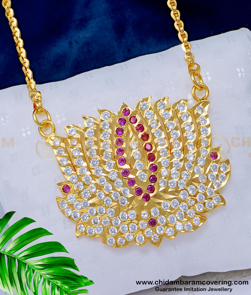 DLR142 - Impon Panchaloha White and Pink Stone Thamarai Poo Dollar Chain for Wedding