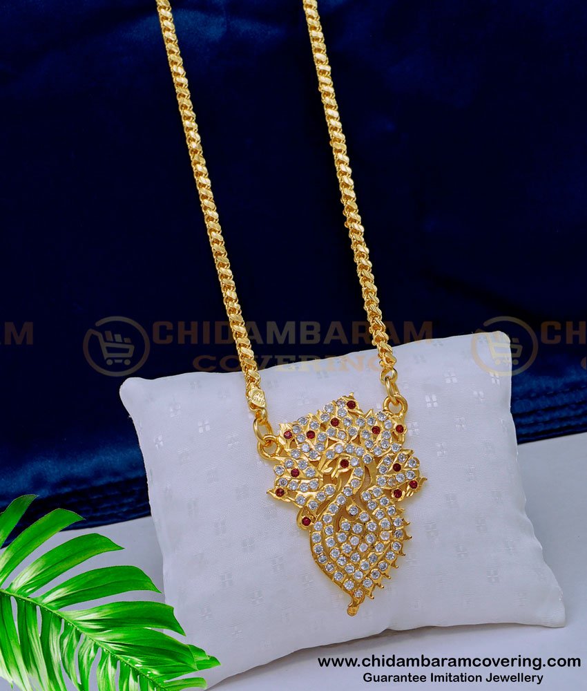 DLR144 - Latest Peacock Design Impon Pendant White and Ruby Stone Impon Dollar Chain 