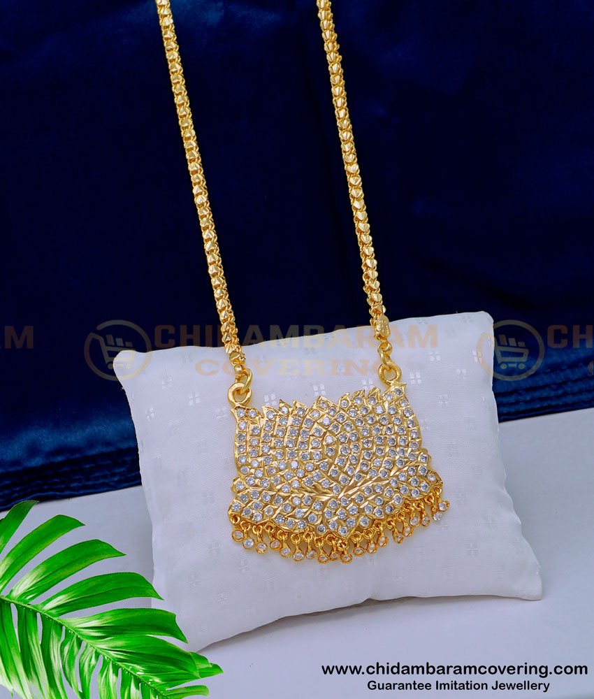 DLR151 - Traditional Impon Handwork Full White Stone Lotus Pendant With Chain for Women