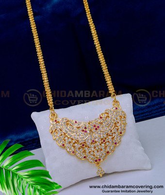 DLR156 - Bridal Wear Impon White and Ruby Stone Fish Model Big Pendant with Flower Design Chain 