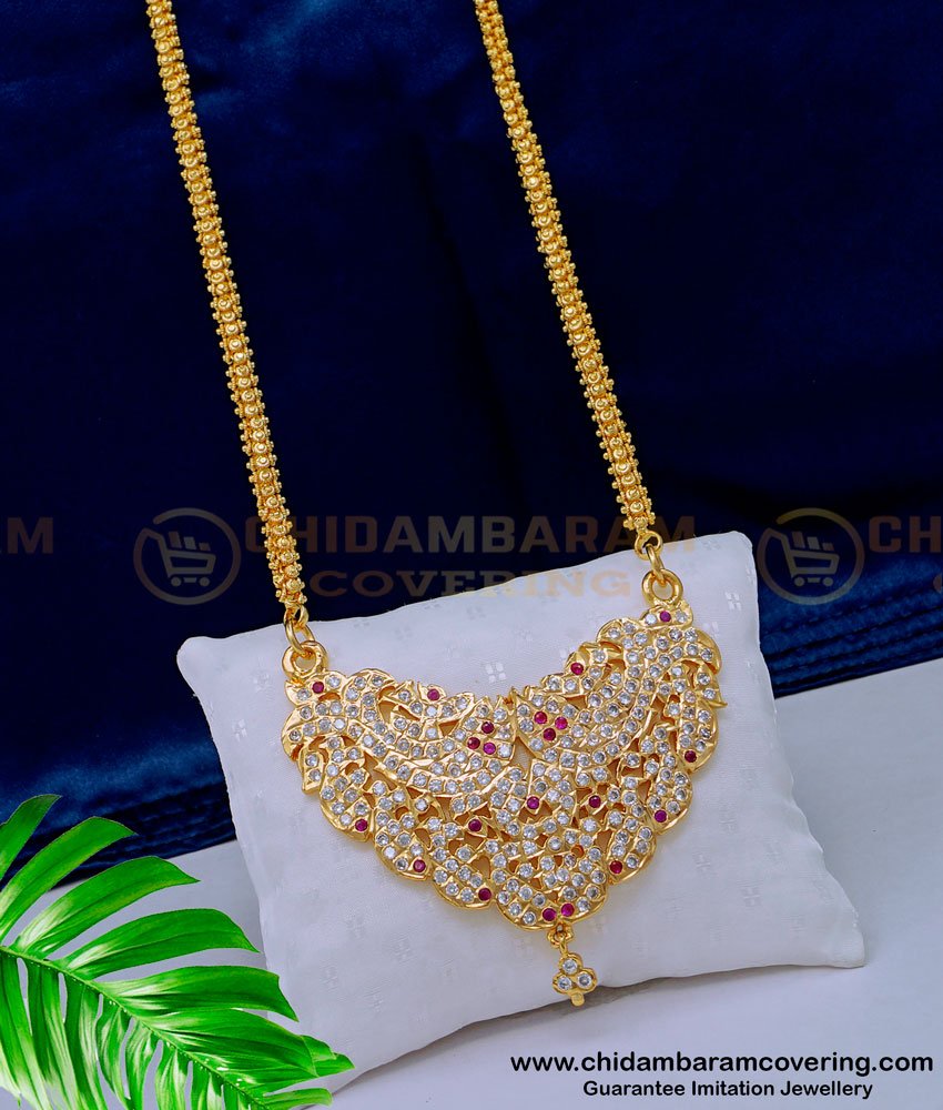 DLR156 - Bridal Wear Impon White and Ruby Stone Fish Model Big Pendant with Flower Design Chain 