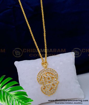 DLR166 - Impon Jewellery Full White Stone Tamil Om Locket Gold Model Dollar Chain Online 