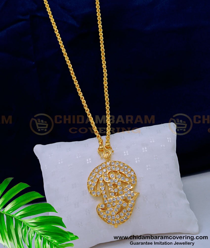 DLR166 - Impon Jewellery Full White Stone Tamil Om Locket Gold Model Dollar Chain Online 