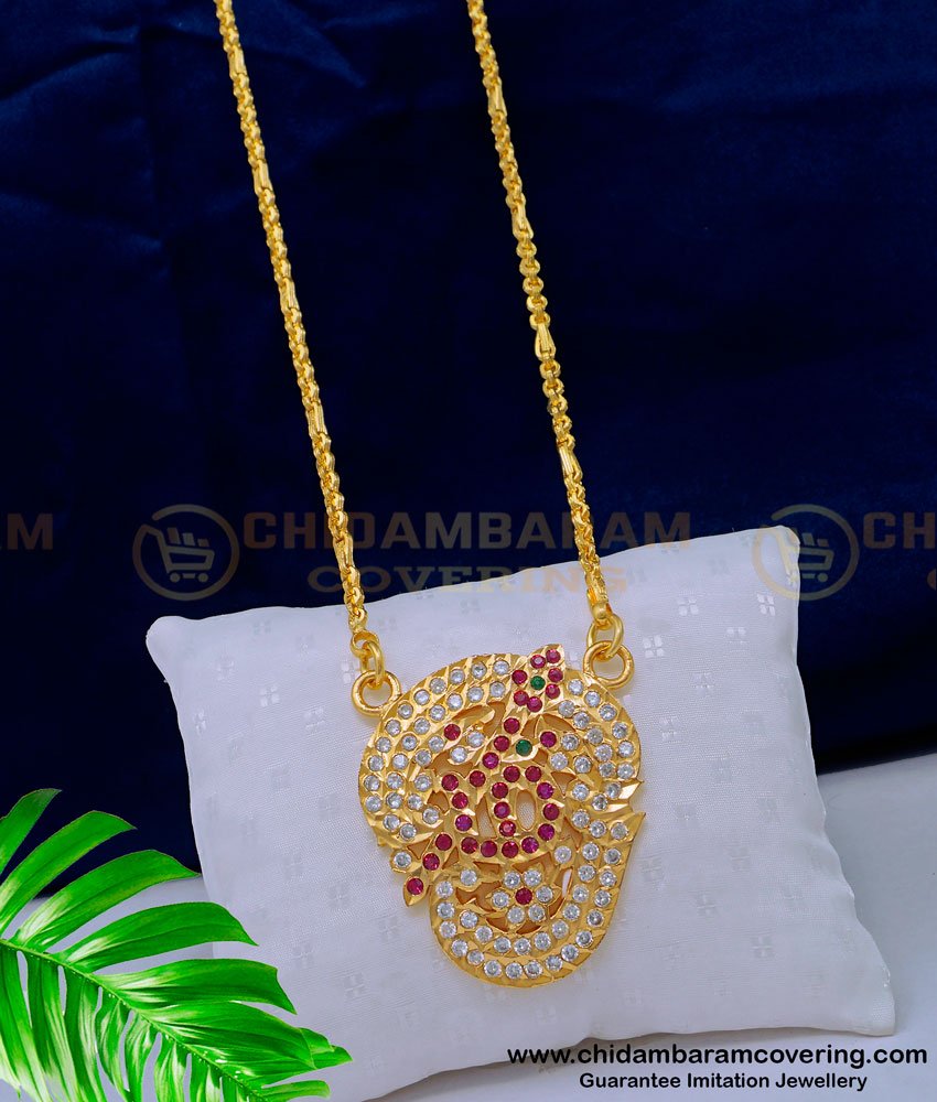 DLR167 - Impon Gold Plated Jewellery White and Ruby Stone Tamil Om Dollar Chain Online