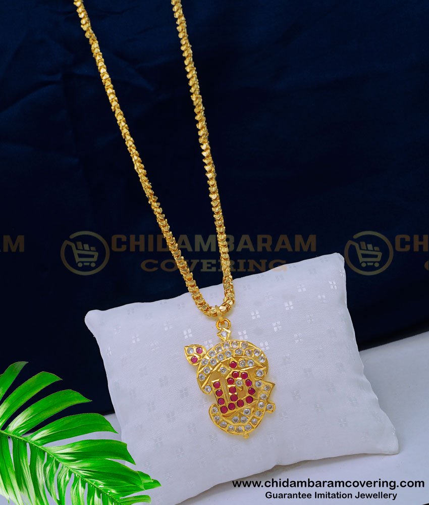 DLR168 - Panchaloha White and Ruby Stone Om Vel Pendant Gold Design With Long Chain for Ladies