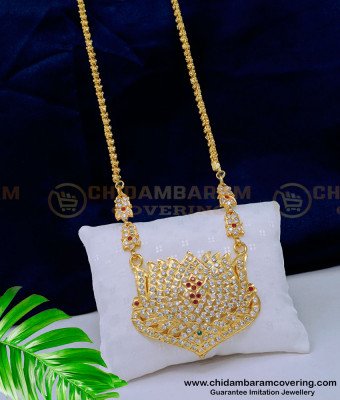 DLR170 - Latest Impon Jewellery Lotus Pendant Design With 1 Gram Gold Long Chain Online