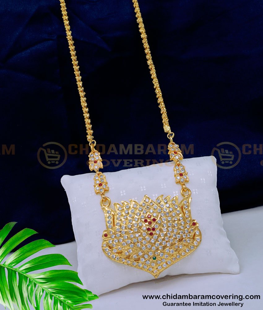 DLR170 - Latest Impon Jewellery Lotus Pendant Design With 1 Gram Gold Long Chain Online
