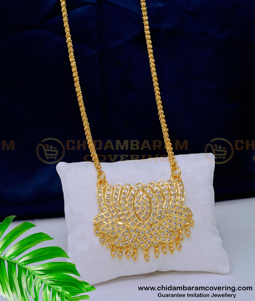 DLR171 - Impon Louts Design Full White Stone Pendant with Long Chain for Ladies