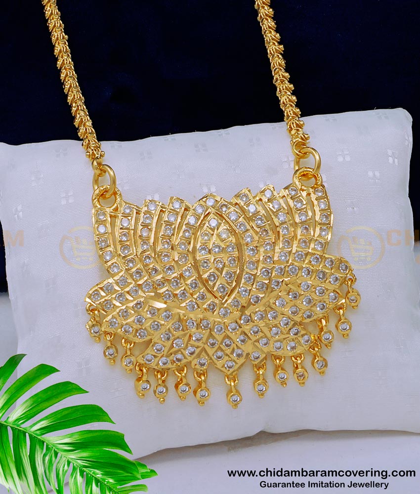 DLR171 - Impon Louts Design Full White Stone Pendant with Long Chain for Ladies