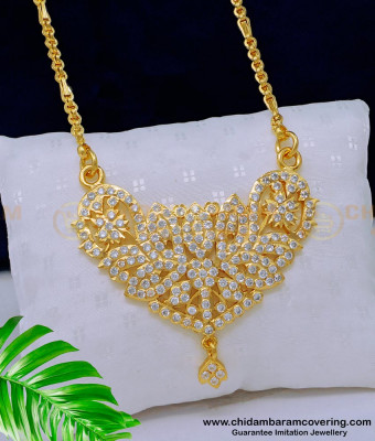 DLR173 - Traditional Gold Design White Stone Pendant Chain Gold Plated Impon Jewellery 