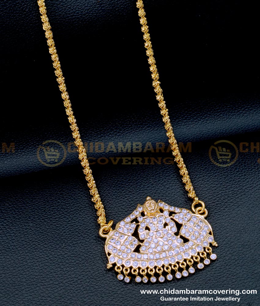 DLR187 - Gold Look White Stone Gajalakshmi Pendant with Long Chain Online