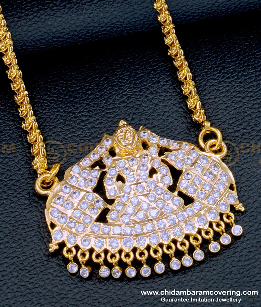 DLR187 - Gold Look White Stone Gajalakshmi Pendant with Long Chain Online