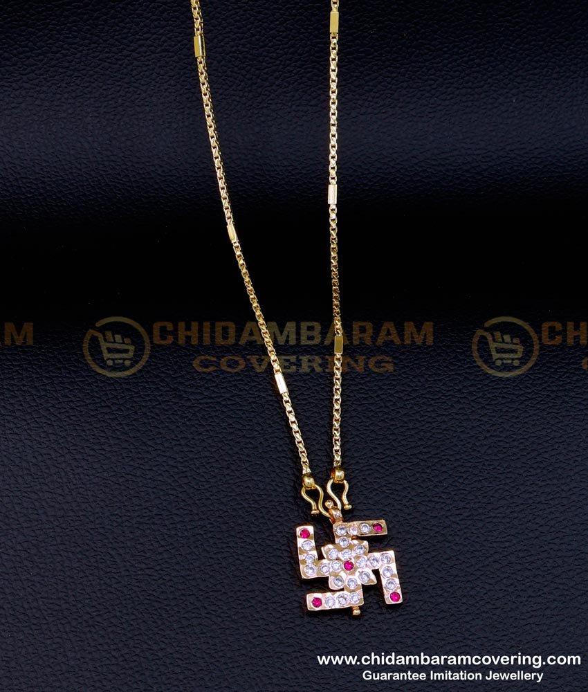 DLR193 - Impon Daily Use Stone Swastik Pendant Long Chain Design 