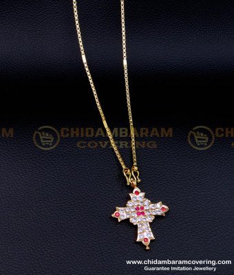 DLR195 - Impon Christian Cross Pendant Gold Design with Long Chain
