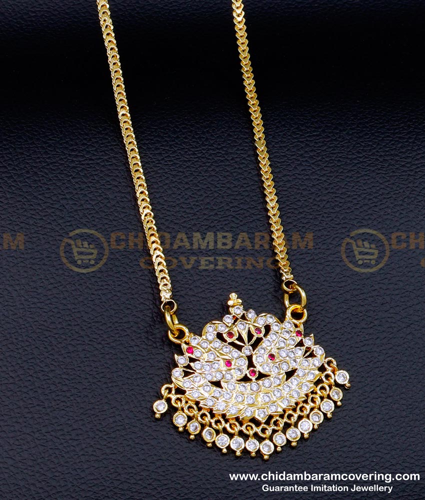 DLR207 - Unique Swan Design South Indian Gold Stone Dollar Chain Designs 