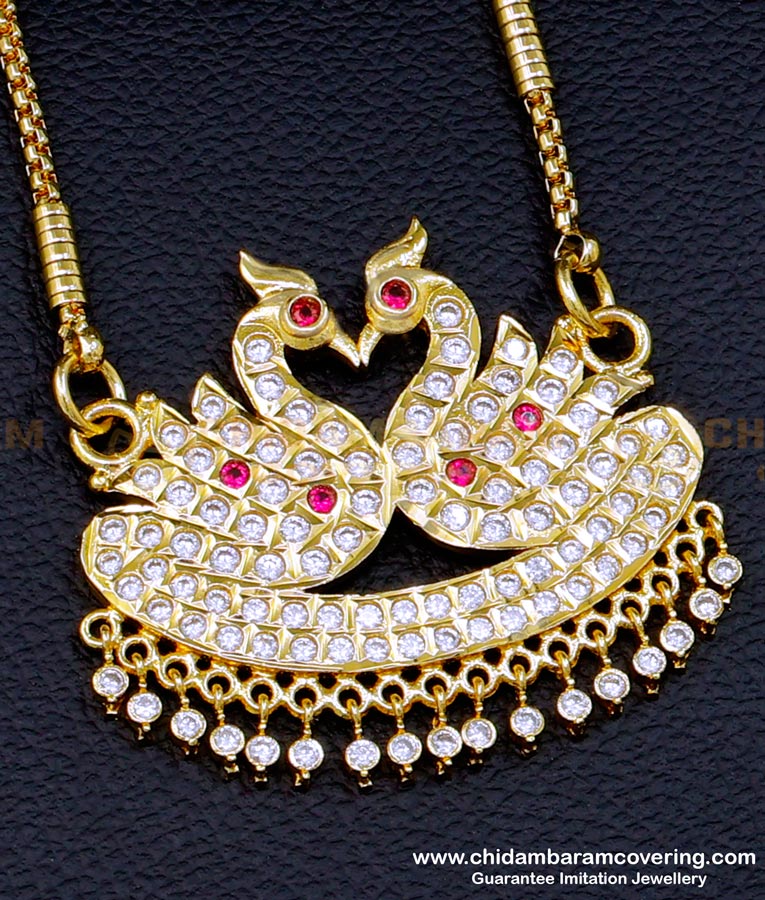 DLR209 - South Indian Jewellery Impon Stone Swan Pendant Chain Designs